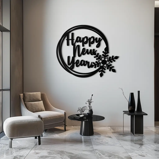 Happy New Year Snowflake Metal Wall Art by Enova Art, circular black steel wall decor on Tampa Home & Garden Store