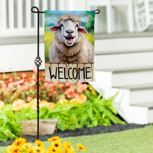 Suede Sheep Garden Flag with Welcome, vibrant meadow backdrop, Evergreen Enterprises on Tampa Home & Garden Store