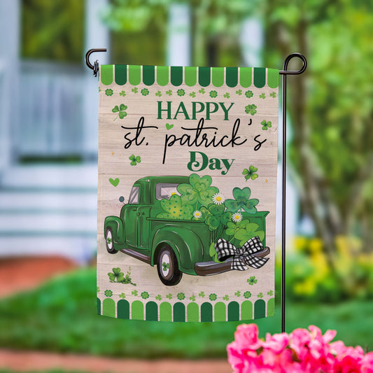 St Patrick's Day Truck Suede Garden Flag featuring a bright green truck and shamrocks on Tampa Home & Garden Store