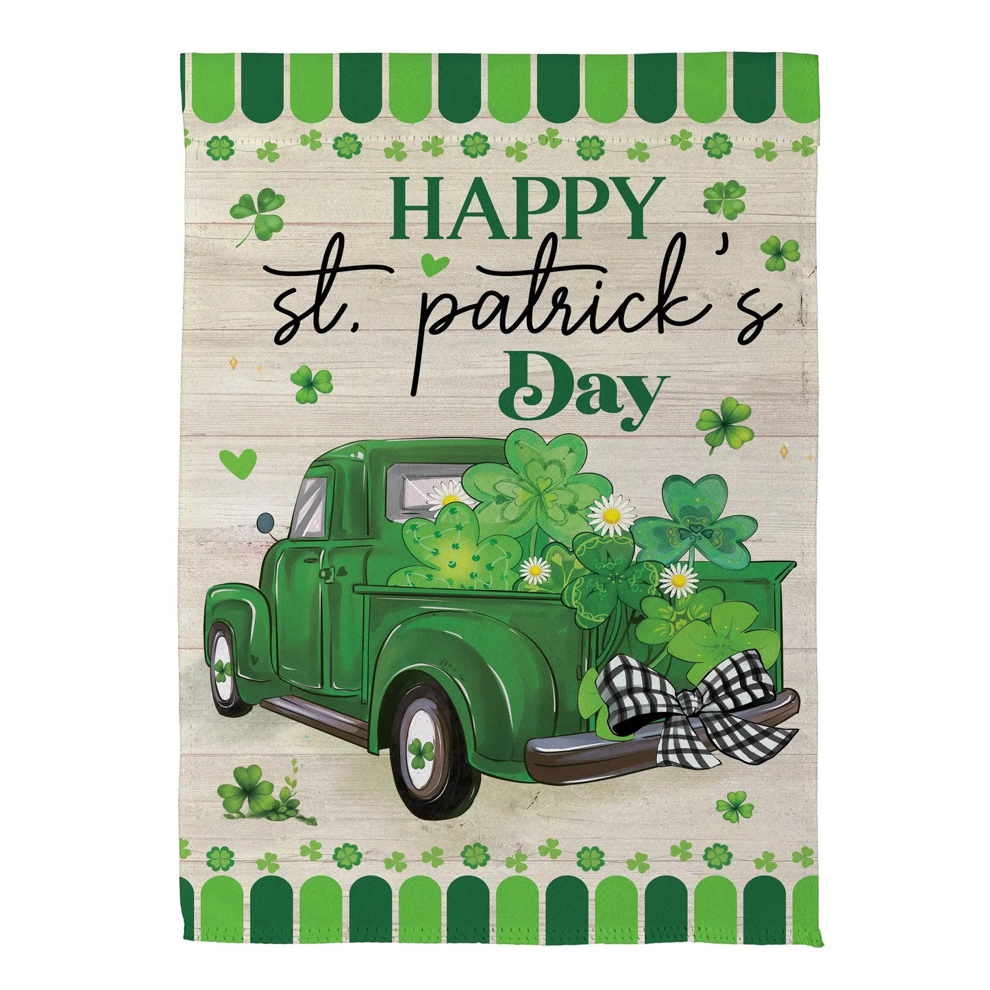 St Patrick's Day Truck Suede Garden Flag by Evergreen Enterprises, green truck with shamrocks on Tampa Home & Garden Store
