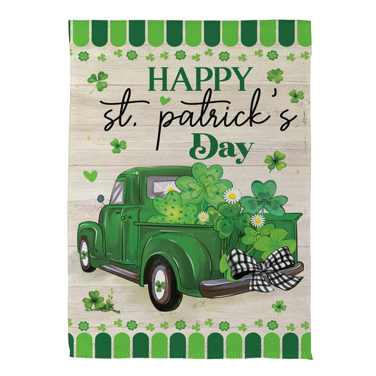 Happy St Patrick's Day Truck Suede House Flag with green truck and shamrocks on background on Tampa Home & Garden Store