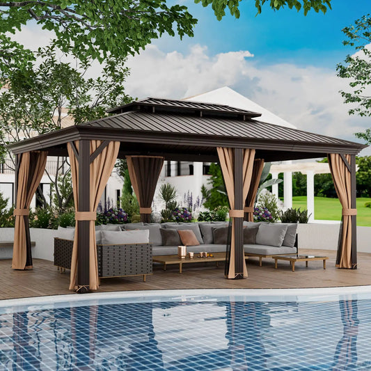 12x20 double-roof gazebo with steel roof by DirectDeals, dark brown frame and beige curtains on Tampa Home & Garden Store