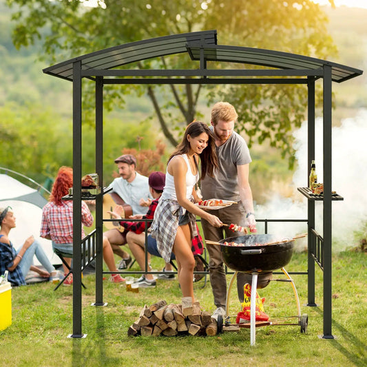 Hardtop grill gazebo black metal frame with vented curved roof and side shelves for outdoor BBQ on Tampa Home & Garden Store