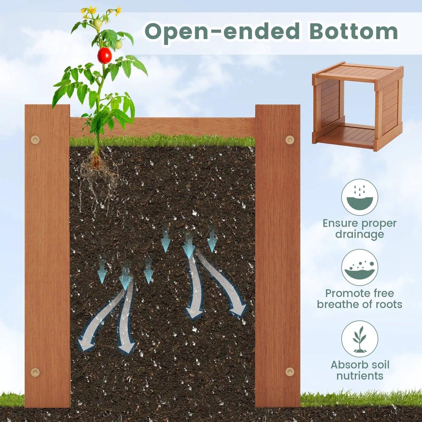 Wood planter box with bench for garden balcony featuring a tomato plant on Tampa Home & Garden Store
