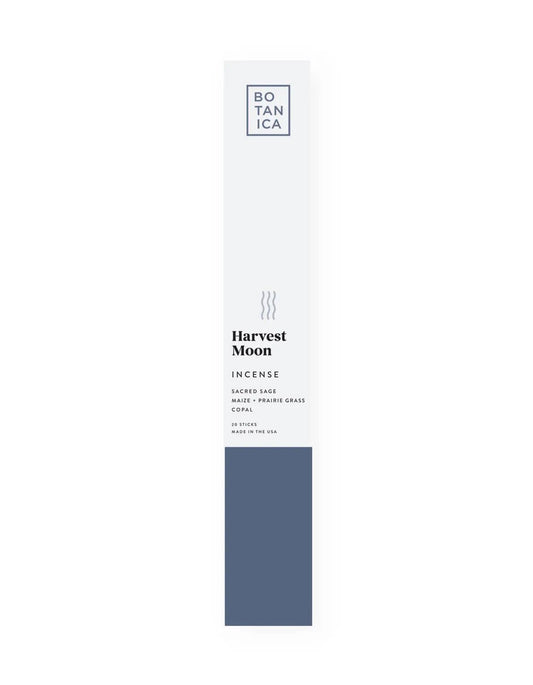 Harvest Moon Incense box with BOTANICA logo, white tall packaging and blue bottom panel on Tampa Home & Garden Store