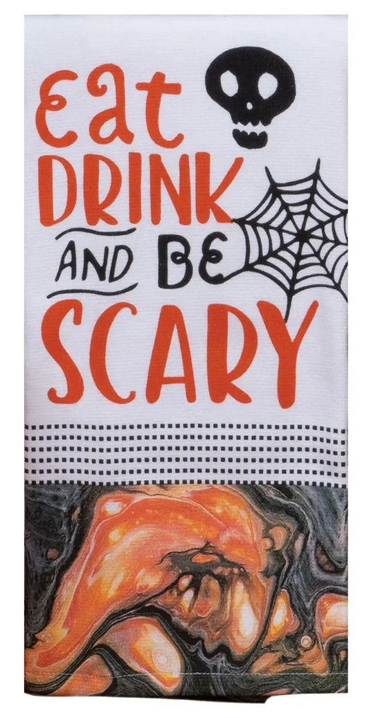 Haunted Home Eat Drink and Be Scary kitchen towel with orange text and spiderweb accent on Tampa Home & Garden Store