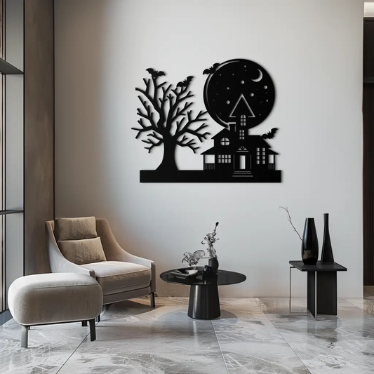 Haunted House and Bat Halloween Metal Wall Art – Spooky Full Moon Scene in Matte Black- KAF370 - Tampa Home & Garden Store