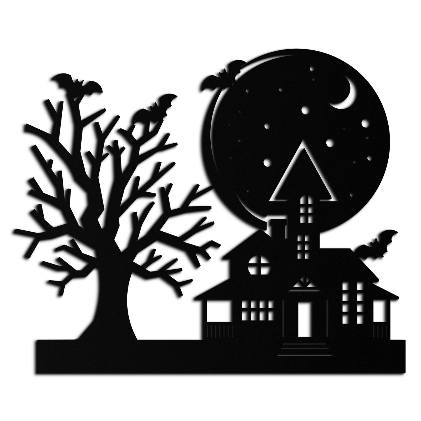 Haunted House and Bat Halloween Metal Wall Art – Spooky Full Moon Scene in Matte Black- KAF370 - Tampa Home & Garden Store