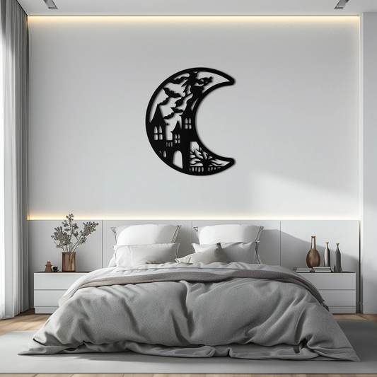 Haunted Moon Halloween Wall Art in black metal with witch and castle silhouette on crescent moon on Tampa Home & Garden Store