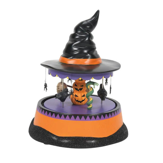 Haunted Scary Go Round Snow Village centerpiece with black witch hat, orange base, purple trim on Tampa Home & Garden Store