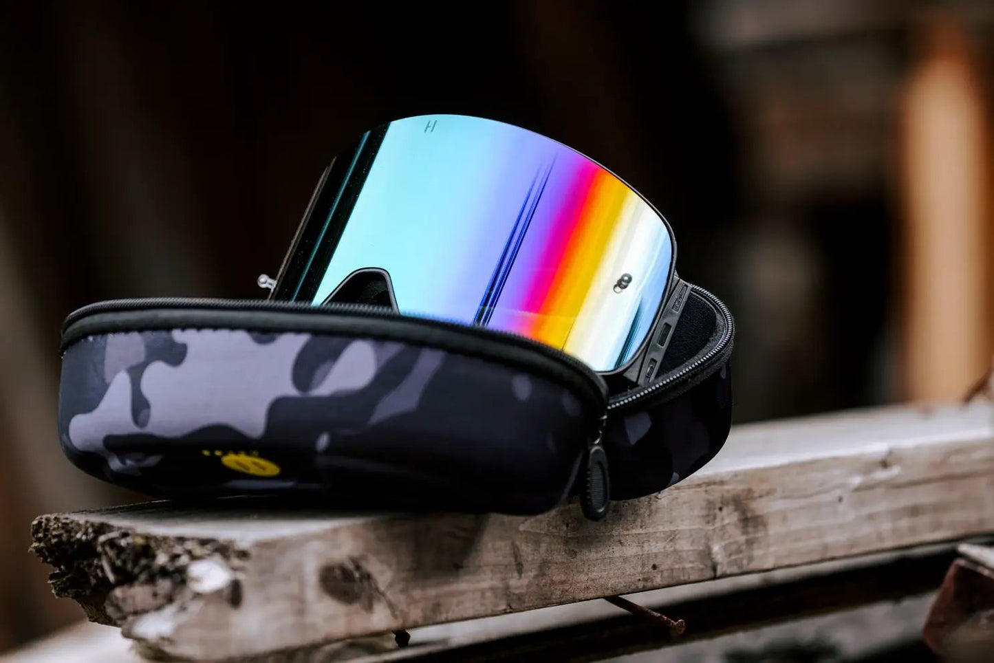 Havoc Camo Hard Case for Goggles and Accessories with camo shell and rainbow lens visible on Tampa Home & Garden Store