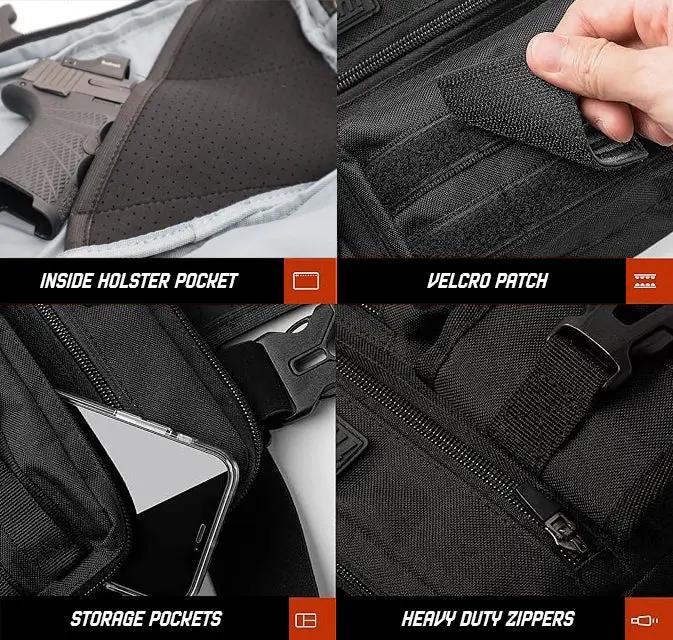 Havoc chest bag black with water resistant compartments, inside holster pocket and Velcro patch on Tampa Home & Garden Store