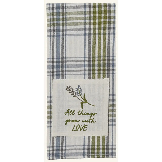 Hayslip decorative dishtowel with patch and embroidered olive branch on blue-green plaid linen on Tampa Home & Garden Store