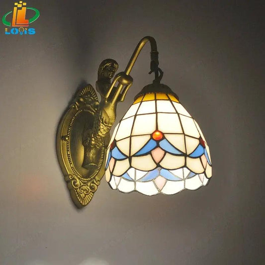 Tiffany style 6-inch mermaid glass LED wall lamp with brass mount and multicolor shade on Tampa Home & Garden Store
