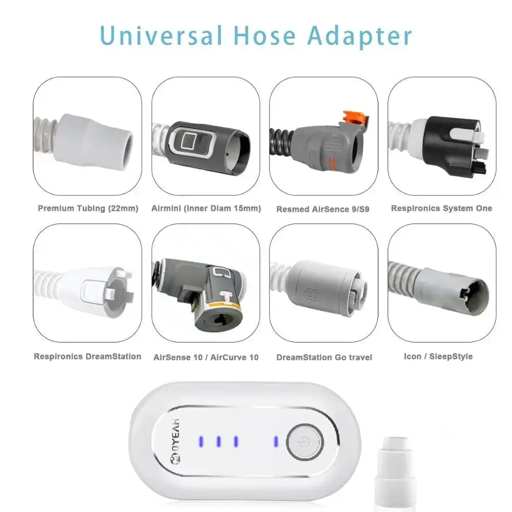 CPAP cleaner and sanitizer with universal hose adapter kit, white device with blue LEDs on Tampa Home & Garden Store