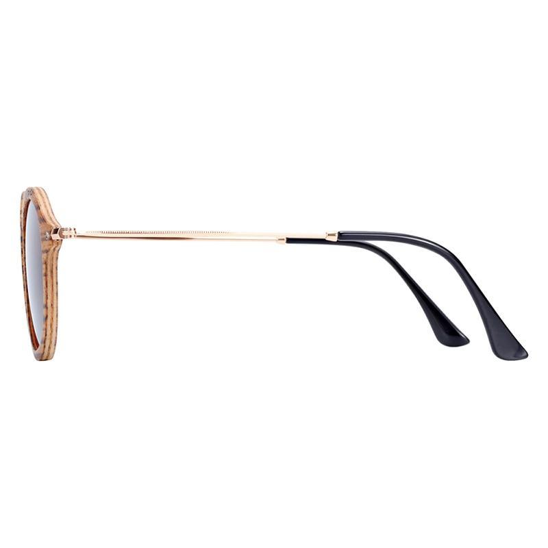 Stevvex zebra wood round sunglasses with polarized UV400 lenses, gold temples, black temple tips on Tampa Home & Garden Store