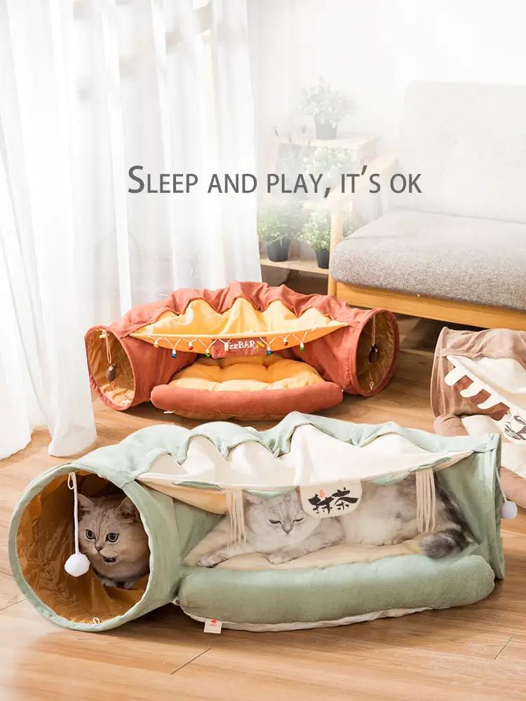 Collapsible cat tunnel bed with removable mat in teal & orange, 2 tunnels by Furr Baby Gifts on Tampa Home & Garden Store