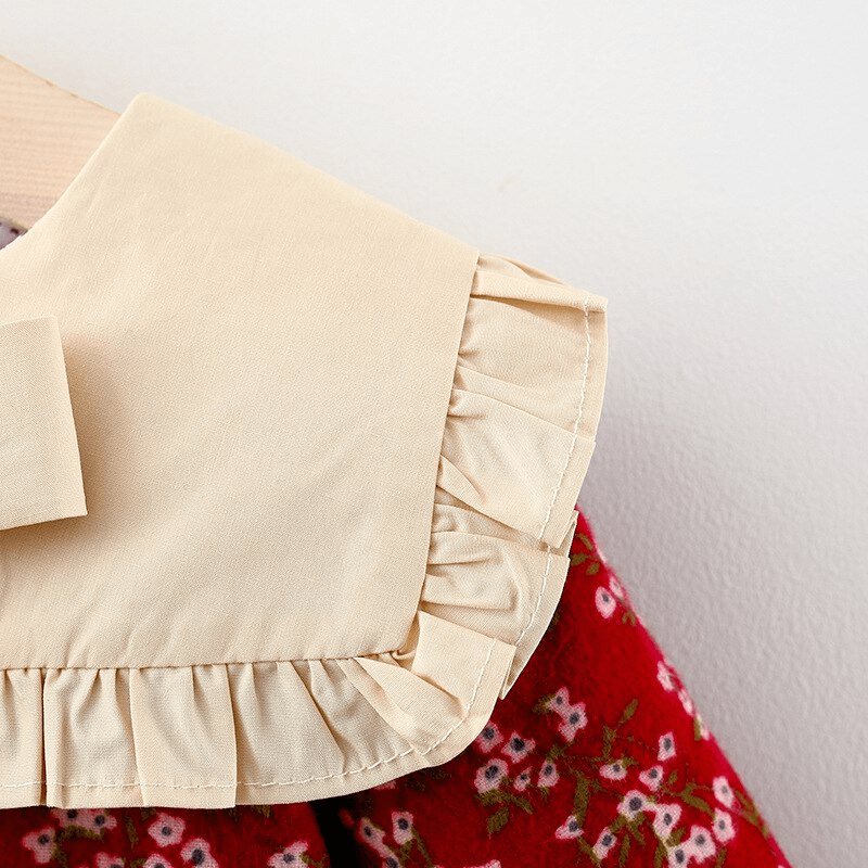 Modern Retro Girl Dress beige bodice with bow and red floral cotton skirt infant party dress on Tampa Home & Garden Store