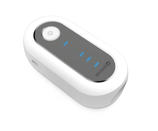 White CPAP cleaner and sanitizer device with dark gray control panel and blue LED indicators on Tampa Home & Garden Store