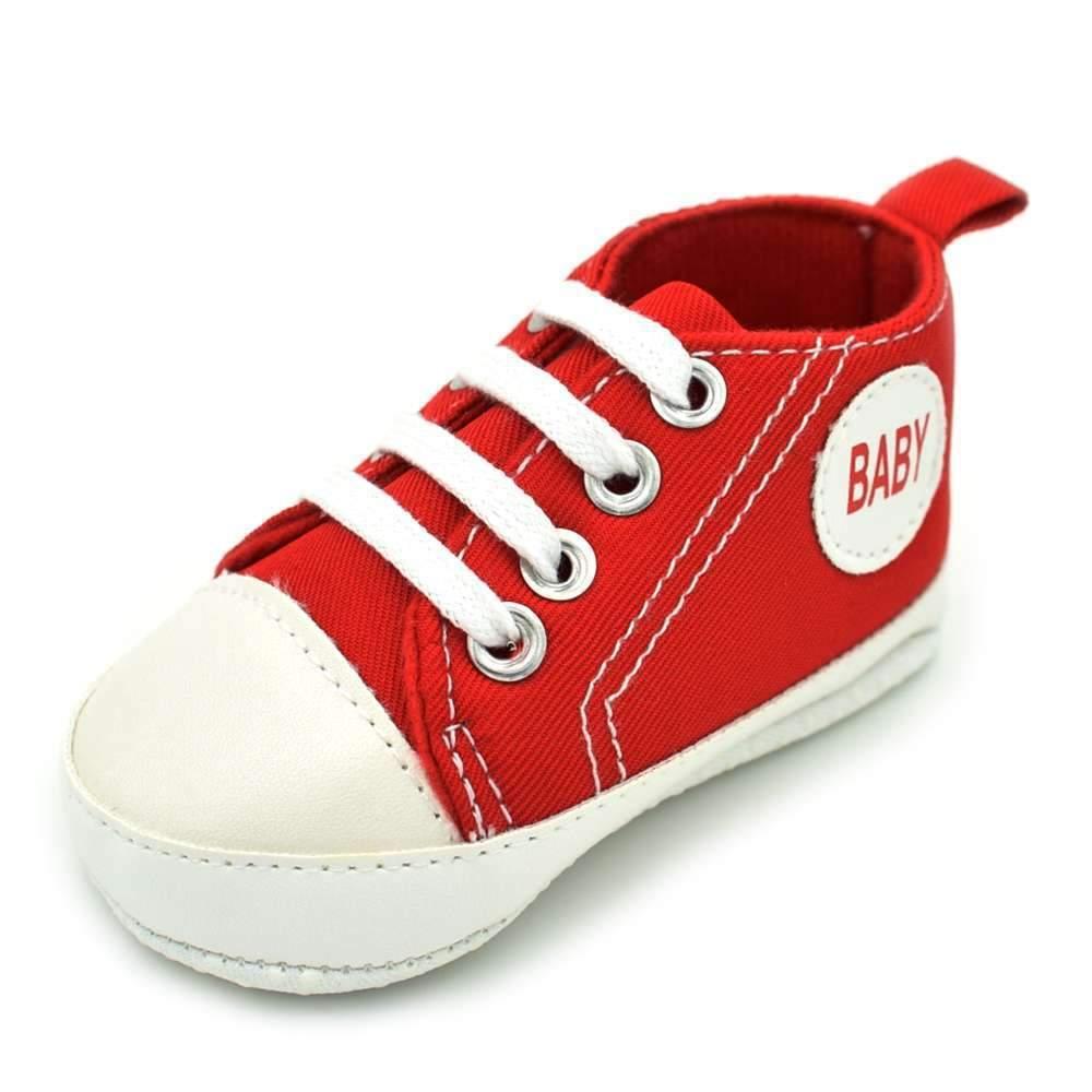 Stevvex Baby First Walkers red canvas sneaker with white toe cap and laces anti-slip sole on Tampa Home & Garden Store