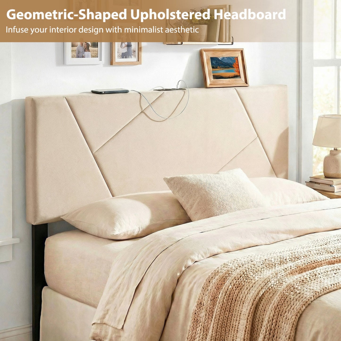 Geometric upholstered headboard for full/queen bed in beige fabric with angled panels on Tampa Home & Garden Store