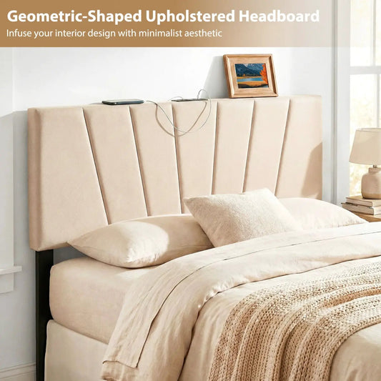 Geometric upholstered queen headboard in beige fabric with vertical panel design DirectDeals on Tampa Home & Garden Store