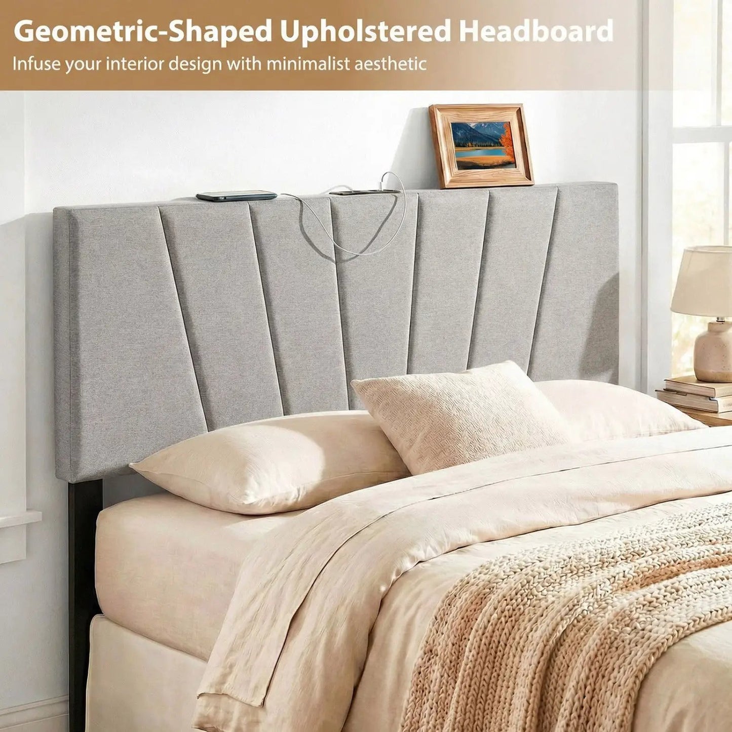 Geometric upholstered queen headboard in light gray fabric with vertical channel panels on Tampa Home & Garden Store
