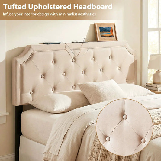 Tufted upholstered headboard for queen size beds in beige fabric with button tufting on Tampa Home & Garden Store