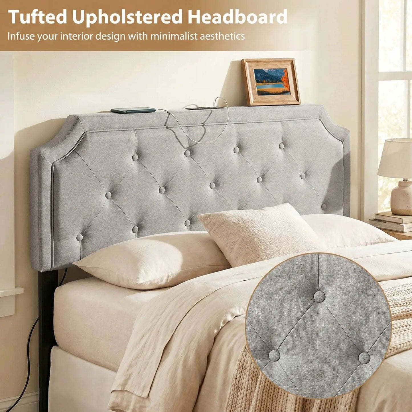 Queen size tufted upholstered headboard in light gray fabric with button tufting DirectDeals on Tampa Home & Garden Store
