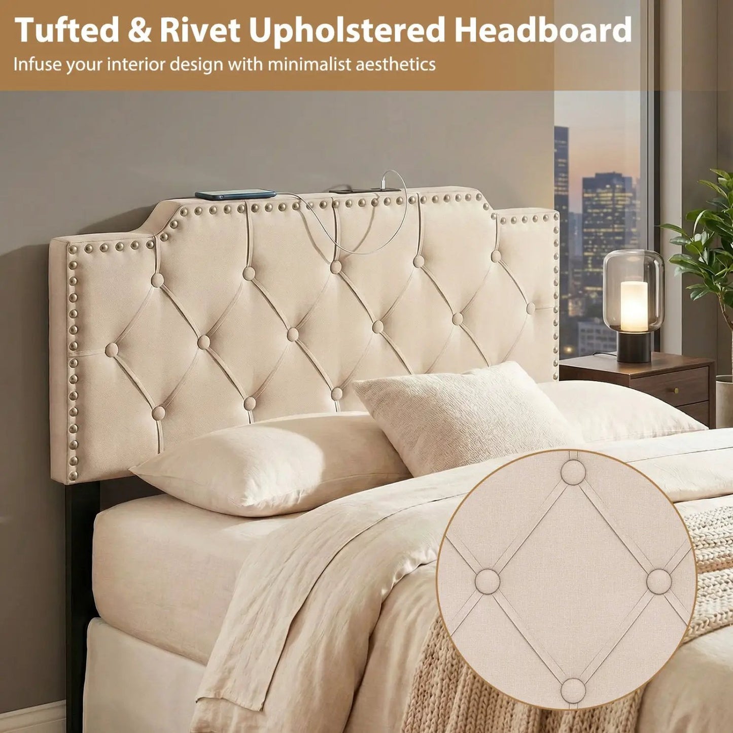 Rivet tufted upholstered headboard in beige fabric for queen and full with nailhead trim on Tampa Home & Garden Store