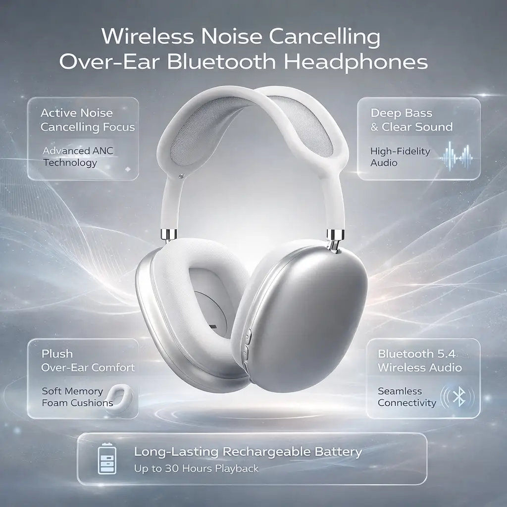 Moktan Sabai wireless noise-cancelling over-ear headphones white/silver, plush comfort on Tampa Home & Garden Store