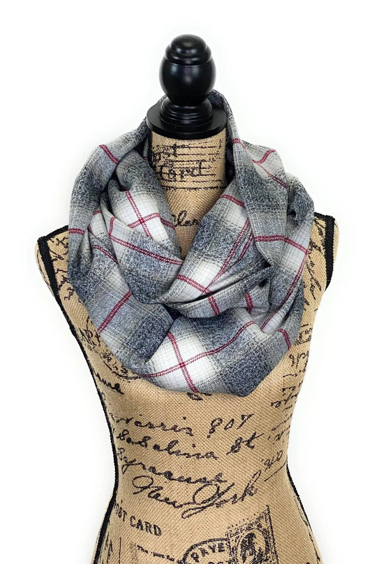 Scarf Heather Gray with Tan Ombre Plaid Flannel by Thistle & Stitch draped on mannequin on Tampa Home & Garden Store