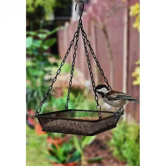 Bird Feeder Seed Tray Heavy Duty Black Iron Mesh hanging from chains with bird on Tampa Home & Garden Store