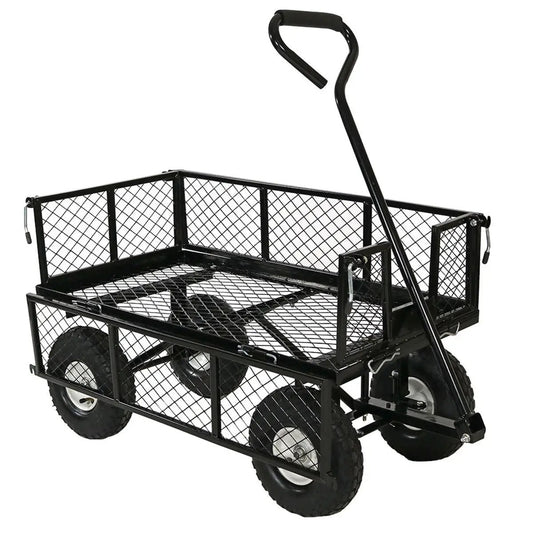 Heavy Duty Black Wheelbarrow Cart with steel mesh bed and four wheels for garden logs on Tampa Home & Garden Store