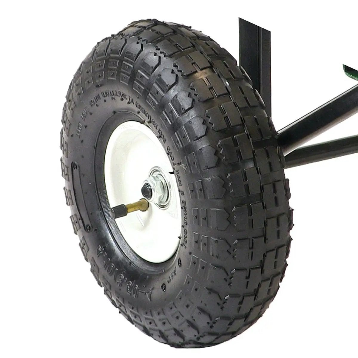 Heavy duty black wheelbarrow cart wheel for garden logs with rugged tread and white hub on Tampa Home & Garden Store
