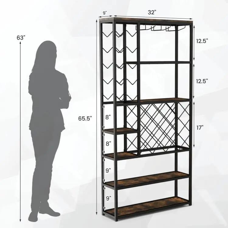 Heavy Duty Industrial 6 Tier Wine Rack with dark metal frame and wood shelves, bottle holders on Tampa Home & Garden Store