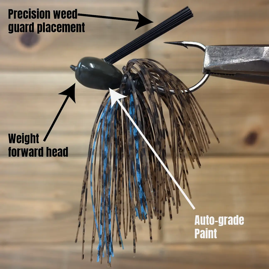 Heavy Signature Series Bass Jig with weight-forward head and bluebrown skirt by 4x4bassjigs on Tampa Home & Garden Store