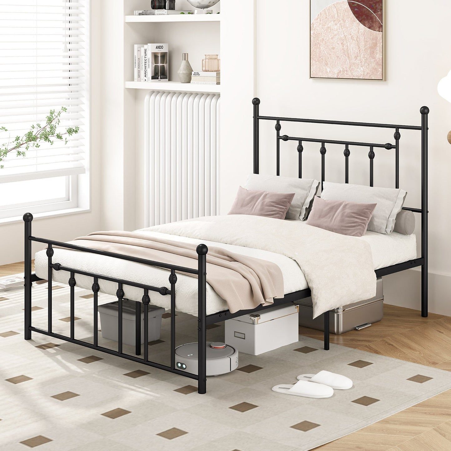 Black metal bed frame with decorative posts in a bright bedroom, featuring under-bed storage box and white shelving on Tampa Home & Garden Store
