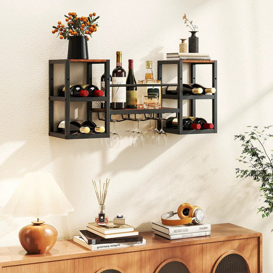 Wall Mounted Wine Rack Glass Holder Rustic Brown with black metal frame and brown wood shelves on Tampa Home & Garden Store
