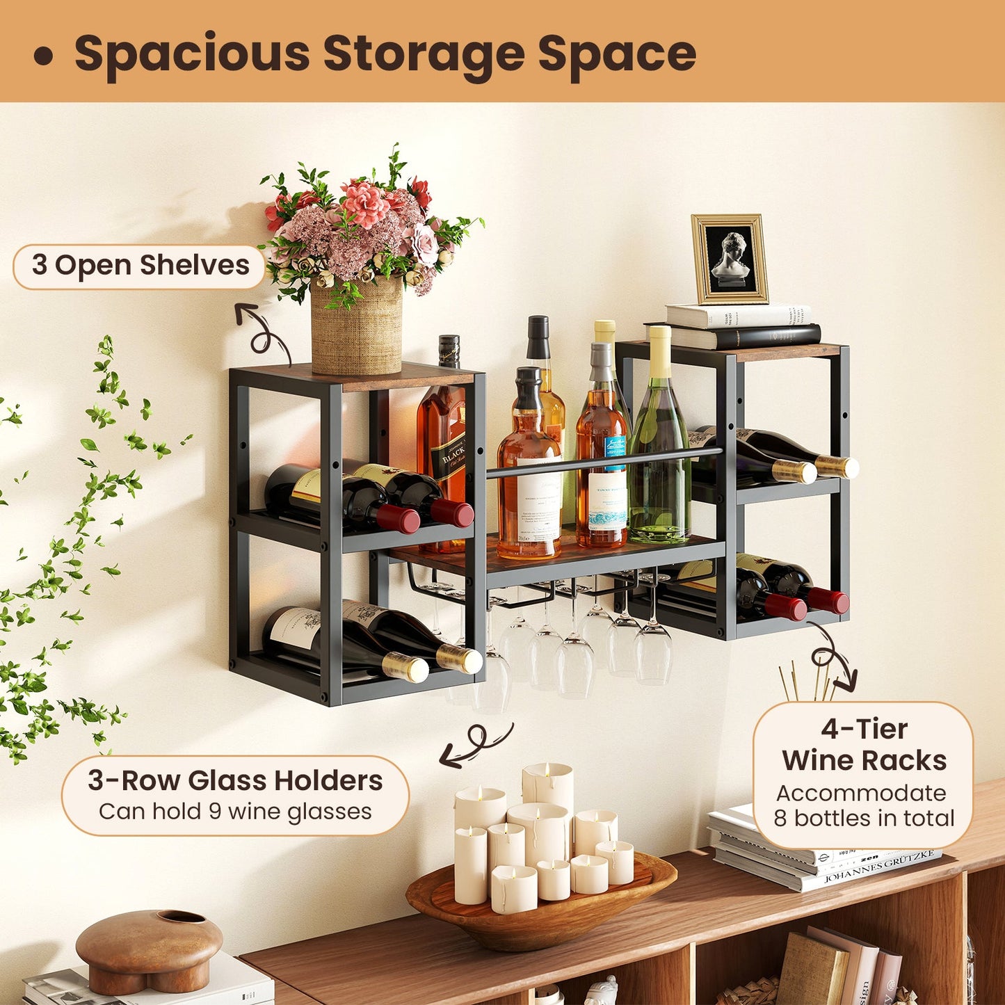 Botellero resistente de pared con soporte para copas, estructura metálica, 8 botellas, marrón rústico