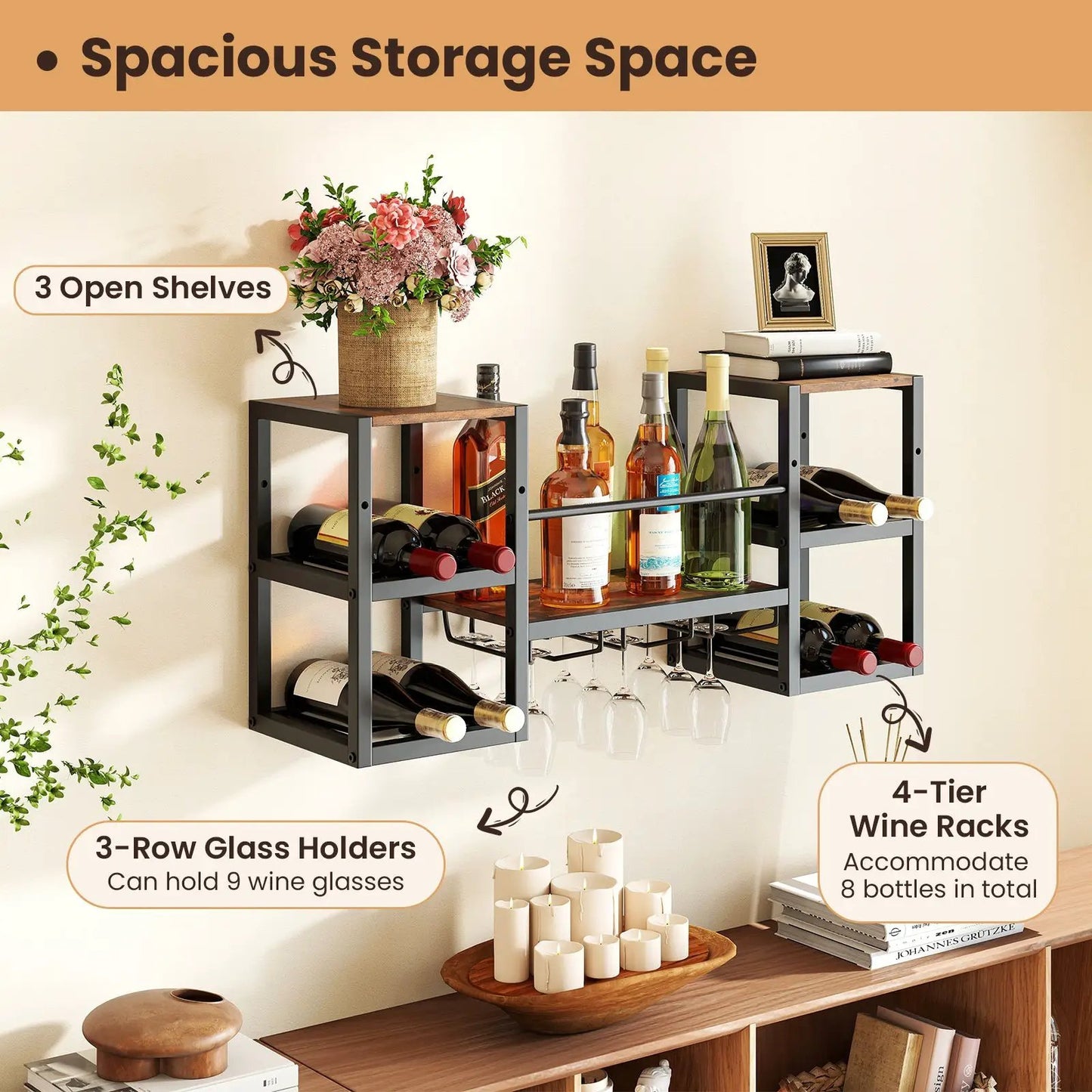 Heavy-duty Wall Mounted Wine Rack with Glass Holder Metal Frame 8-Bottle Holder-Rustic Brown - Tampa Home & Garden Store