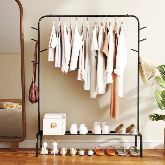 Heavy duty 50-inch black metal clothes rack by DirectDeals with hanging garments and lower shelf on Tampa Home & Garden Store