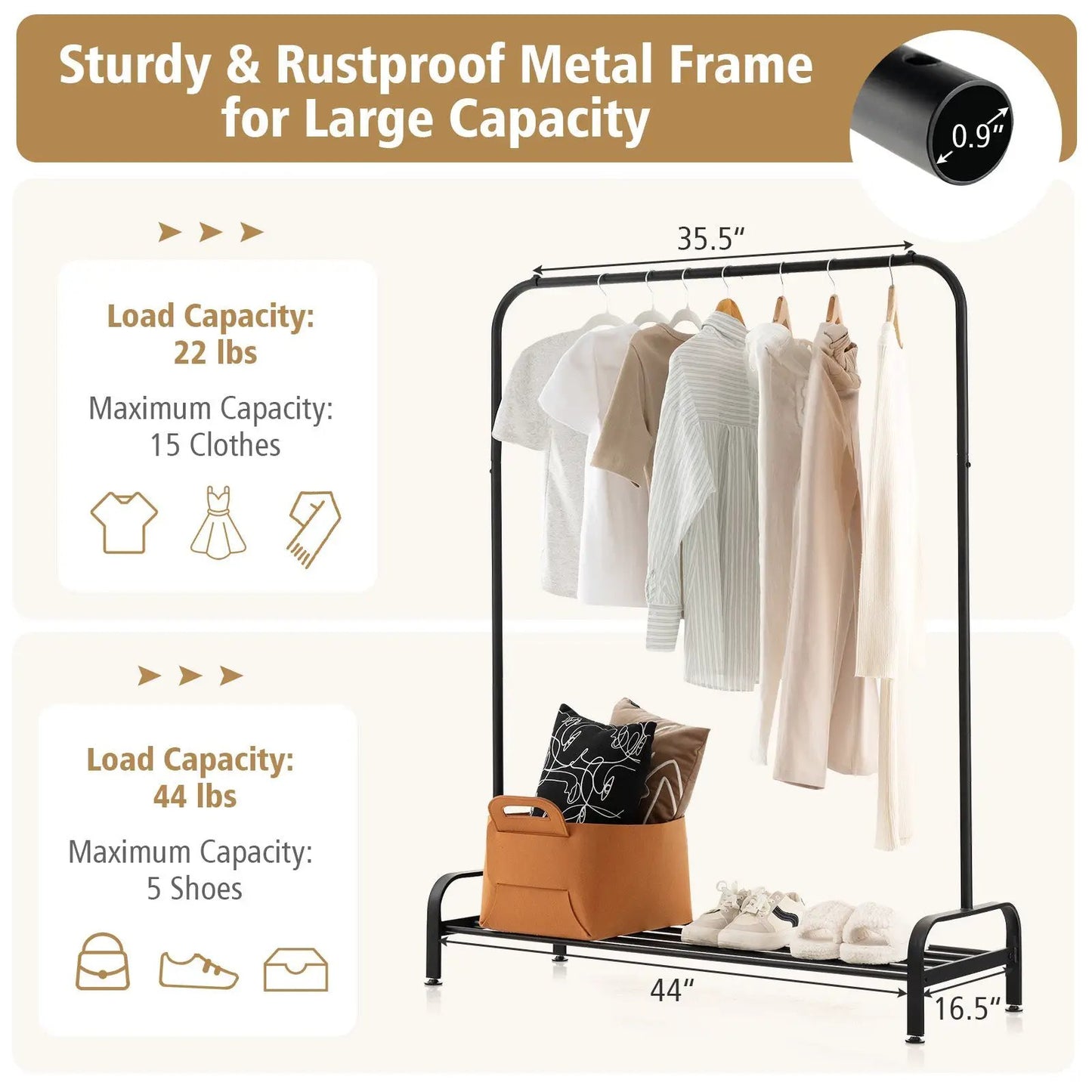 Heavy-duty clothes rack with top rod, DirectDeals, black metal frame, 44 inches long on Tampa Home & Garden Store