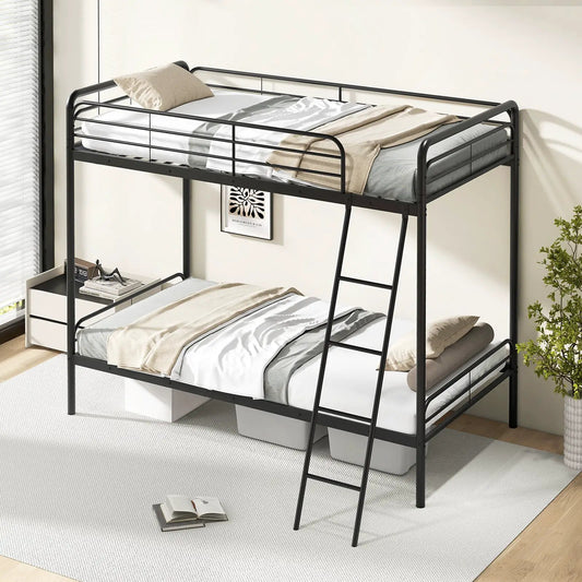Heavy Duty Metal Bunk Bed with Ladder and Safety Guardrails-Black - Tampa Home & Garden Store