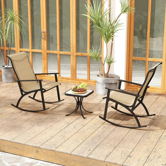 Rocking Bistro Chairs and Table Set Brown with beige seating and black metal frames on Tampa Home & Garden Store