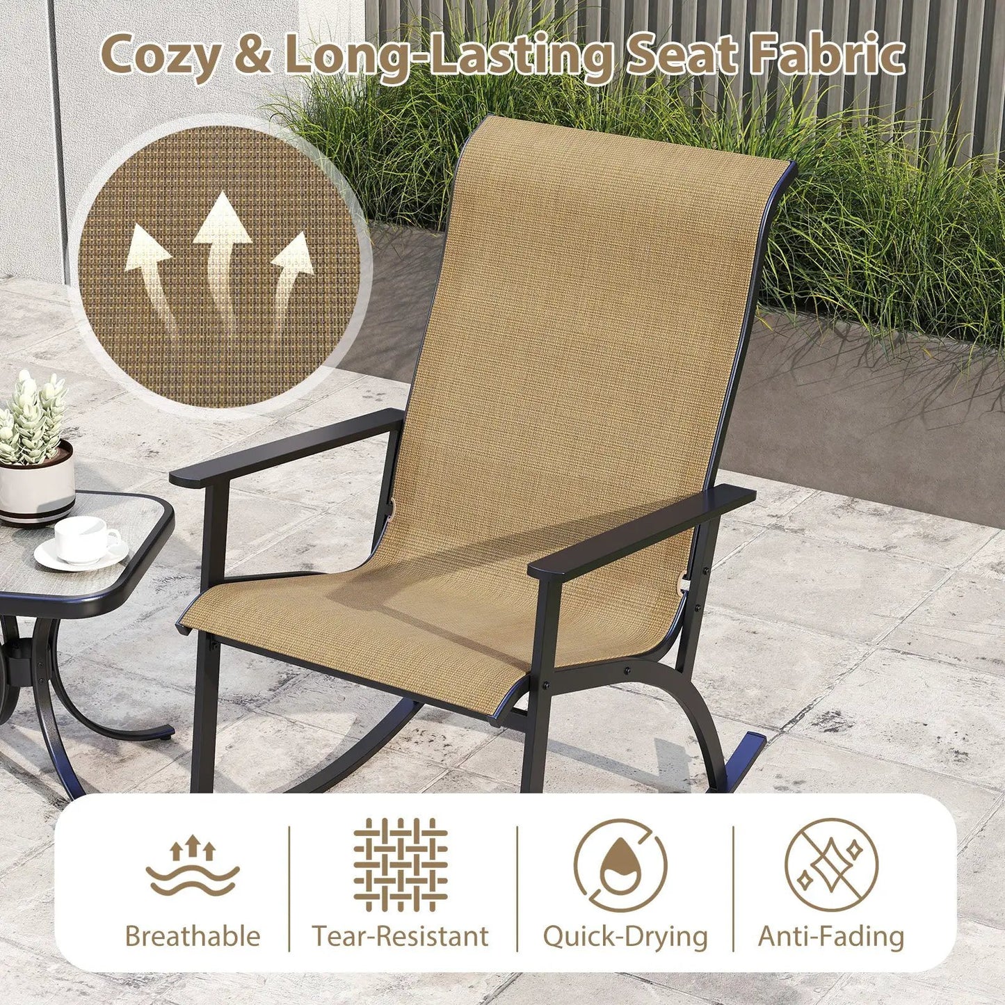 Rocking Bistro Chairs and Table Set Brown with beige woven fabric on Tampa Home & Garden Store