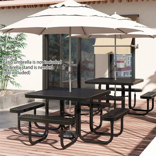 Square Picnic Table and Bench for 8 Person with Seats and Umbrella Hole-Black - Tampa Home & Garden Store