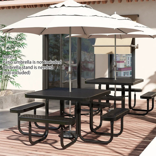 Square Picnic Table and Bench for 8 Person with Seats and Umbrella Hole-Black - Tampa Home & Garden Store