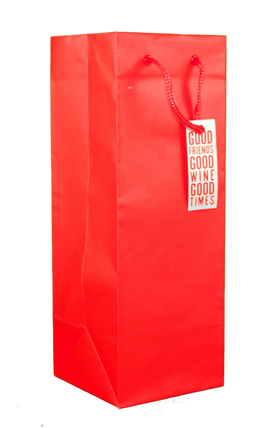 Heavyweight bottle gift bag solid pumpkin red with rope handles and tag FRIENDS GOOD WINE on Tampa Home & Garden Store