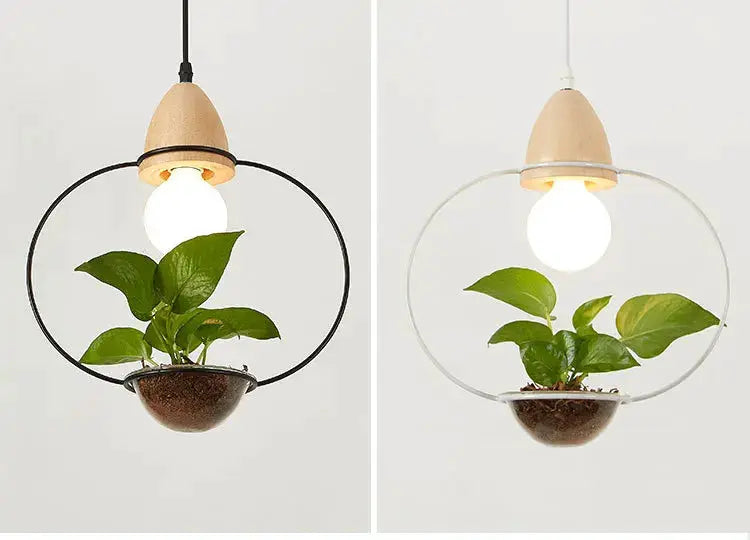 Art Deco Led Plant Pendant Light Wood Base with circular ring and plant pot (2 shown) on Tampa Home & Garden Store